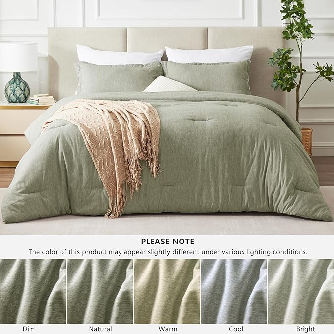 CozyLux King Size Comforter Set, 3 Pieces Olive Green Soft Luxury Cationic Dyeing Comforter King Size Bedding Set, Breathable Lightweight Bed Sets with 1 Down Alternative Comforter and 2 Pillow Shams