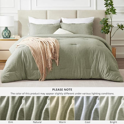 CozyLux Queen Size Comforter Set - 3 Pieces Olive Green Soft Luxury Cationic Dyeing Bedding Comforter for All Season, Breathable Lightweight Fluffy Boho Bed Sets with 1 Comforter and 2 Pillow Shams