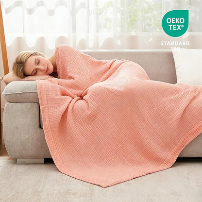 EMME Cotton Muslin Queen Blanket Bed Layering Bedspread Coverlet Breathable Gauze Soft Lightweight Adults (Pink,90"x90")
