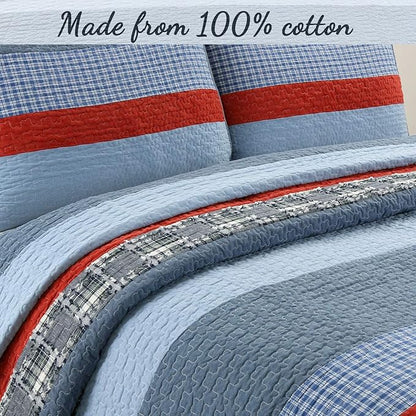 Cozy Line Home Fashions Sailor Navy Striped 100% Cotton Reversible Bedding Quilt Set, Coverlet Bedspread for Boys Kids (Navy/Red, Twin - 2 Piece)