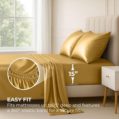 Satin Sheets King [4-Piece, Gold] Hotel Luxury Silky Bed Sheets - Extra Soft 1800 Microfiber Sheet Set, Wrinkle, Fade, Stain Resistant - Deep Pocket Fitted Sheet, Flat Sheet, Pillow Cases