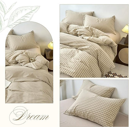 VM VOUGEMARKET Khaki Gingham Duvet Cover Queen 3 Pieces Neutral Beige & Mocha Plaid Duvet Cover 100% Washed Cotton Comforter Cover with 2 Pillowcases Farmhouse Checkered Bedding Set