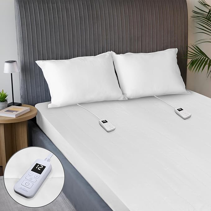 Sunbeam Electric Restful Quilted Heated Mattress Pad Queen 80" x 60" 12 Heat Settings 12-Hour Auto Shut-Off Extra-Cozy Fabric Deep Pocket Fit Machine Washable