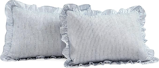 Lush Decor Ticking Stripe Bedspread Queen Size 3 Piece Set Navy - Ruffle Bedding Set Queen Bedspreads - Striped Bedding - Farmhouse & Coquette Decor