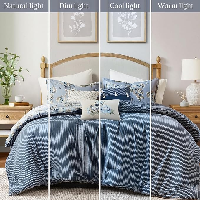Madison Park King Comforter Set Vintage Floral Reversible Comforter, All Season, Down Alternative Bedding Comforter, Bedskirt, Pillows, Shams, Salara, King Blue 7 Piece