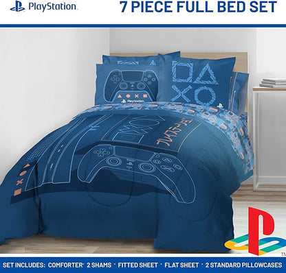 Jay Franco Kids Comforter Set Includes Sheets and Pillow Covers - Soft and Cozy Bed Set for Stylish Room Decor, Official Licensed Bedding, Blue - PlayStation, 7 Piece Full