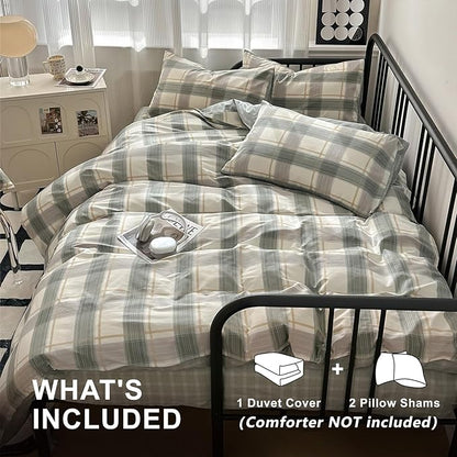 VM VOUGEMARKET Green Plaid Duvet Cover Sets Queen,3 Pieces Gingham Comforter Cover with Zipper Closure & Corner Ties for Men Boys Simple Modern Bedding Set (90"x90")