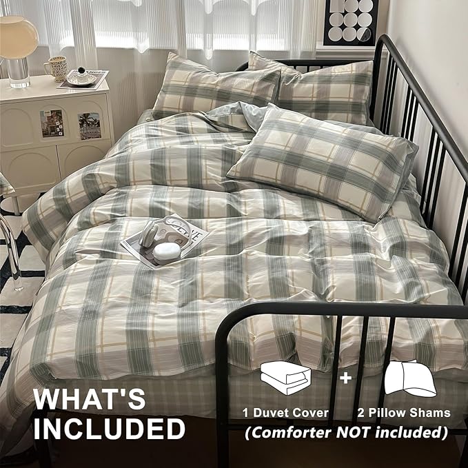 VM VOUGEMARKET Teen Boys Plaid Duvet Cover Set Twin XL Simple Farmhouse Style Cotton Green Buffalo Plaid Gingham Bedding Set 1 Duvet Cover with 2 Pillowcases