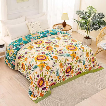 Boho Throw Blanket for Bed, 100% Cotton Soft Rustic Quilt Fall Blanket, 90"x98" Floral Printed Farmhouse Decor Bed Blankets, All Season Rustic Reversible Bohemian Throw Quilt