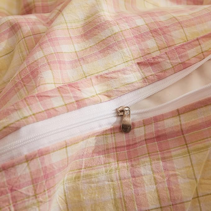 EAVD Yellow and Pink Plaid Duvet Cover Twin Soft Washed Cotton Gingham Duvet Cover Set 3-Piece Modern Grid Checkered Pattern Bedding Set with 2 Pillowcases Zipper Closure for All-Season