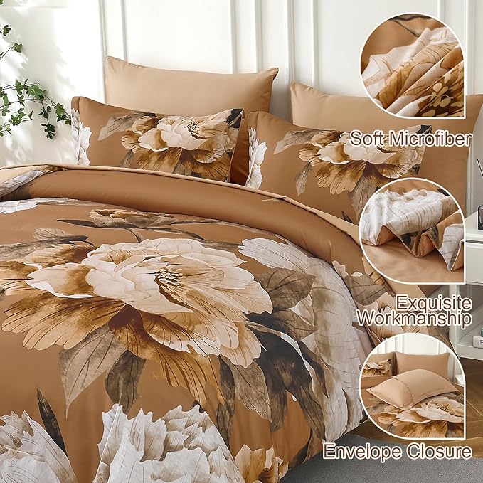 Dobuyly Brown Comforter Set Queen Size 7 Piece Bed in a Bag, Floral Printed on Brown Comforter Set with Sheets, Soft Microfiber Botanical Fall Complete Bedding Set for All Season