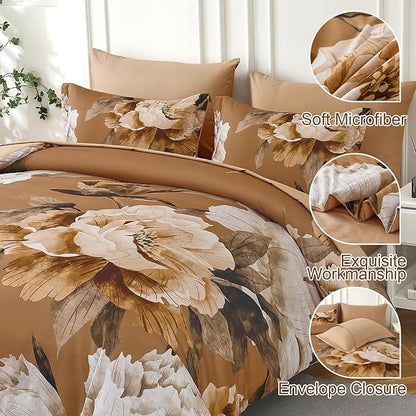 Dobuyly Brown Comforter Set Queen Size 7 Piece Bed in a Bag, Floral Printed on Brown Comforter Set with Sheets, Soft Microfiber Botanical Fall Complete Bedding Set for All Season