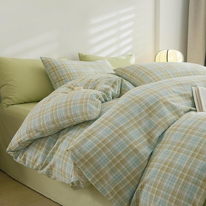 EAVD Gingham Duvet Cover Twin Multicolor Soft Washed Cotton Reversible Grid Plaid Duvet Cover Set with 2 Pillowcases Modern Farmhouse Gingham Bedding Set with Zipper Closure