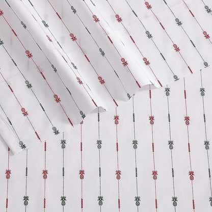 Tommy Bahama - King Size Sheet Set, Crisp & Cool Cotton Percale Bedding with a Smooth Lightweight Feel, 4 Piece Holiday Bed Sheets with Matching Pillowcases (Pineapple Pinstripe Red)