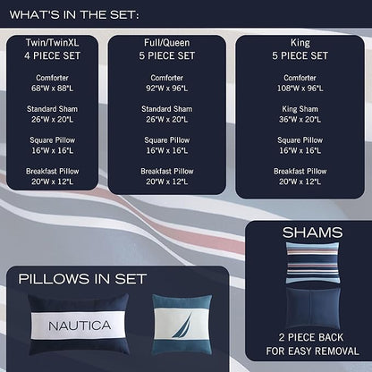 Nautica - King Comforter Set, Ultra Soft Bedding with a Woven Textured Feel, Medium Weight for Year Round Comfort, 5 Piece Bed Set with Matching Pillowcases & Bonus Throw Pillows (Colton Blue)