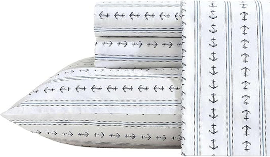 Nautica - Sheets, Cotton Percale Bedding Set with Matching Pillowcases, Crisp & Cool, Deep Pocket (Anchor Lines Blue, Full)