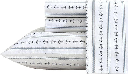 Nautica - Sheets, Cotton Percale Bedding Set with Matching Pillowcases, Crisp & Cool, Deep Pocket (Anchor Lines Blue, King)