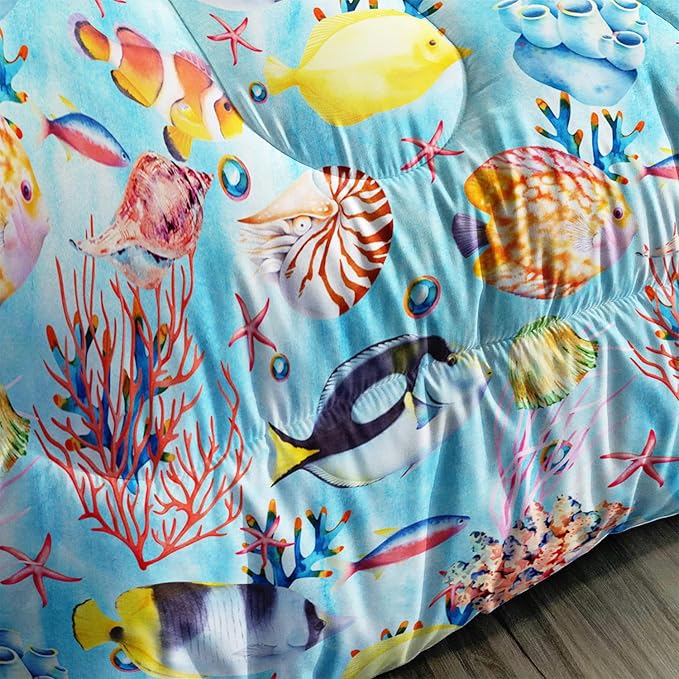3 Piece Ocean Bedding Set,Blue Full Comforter Set for Boys Teens Girls,Tropical Fish Marine Life Quilt With 2 Pillowcase,Lightweight All Seasons Duvet Insert, Down Alternative Bed Comforter Set