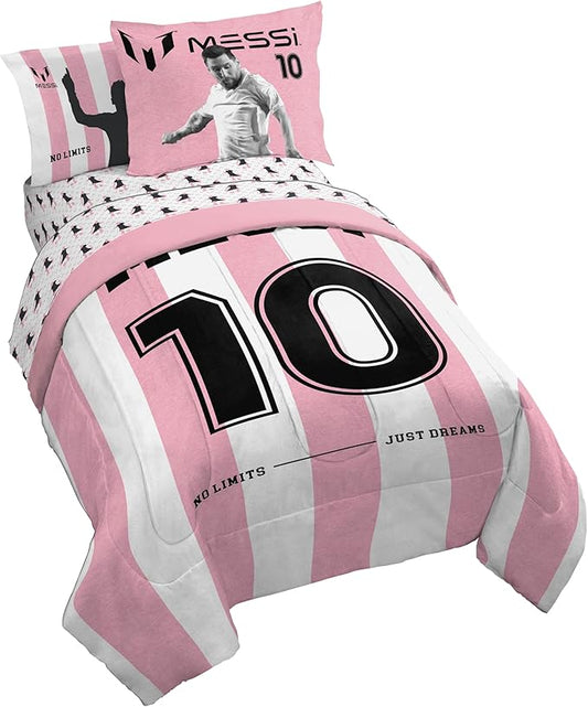 Jay Franco Kids Comforter Set Includes Sheets and Pillow Covers - Soft and Cozy Bed Set for Stylish Room Decor, Official Licensed Bedding, Pink - Messi, 7 Piece Full