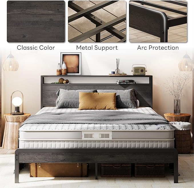 LIKIMIO Queen Bed Frame with Headboard, Dark Wood Camas Queen with Strong Supports, Sturdy, Noise-Free, No Box Spring Needed, Charcoal Grey