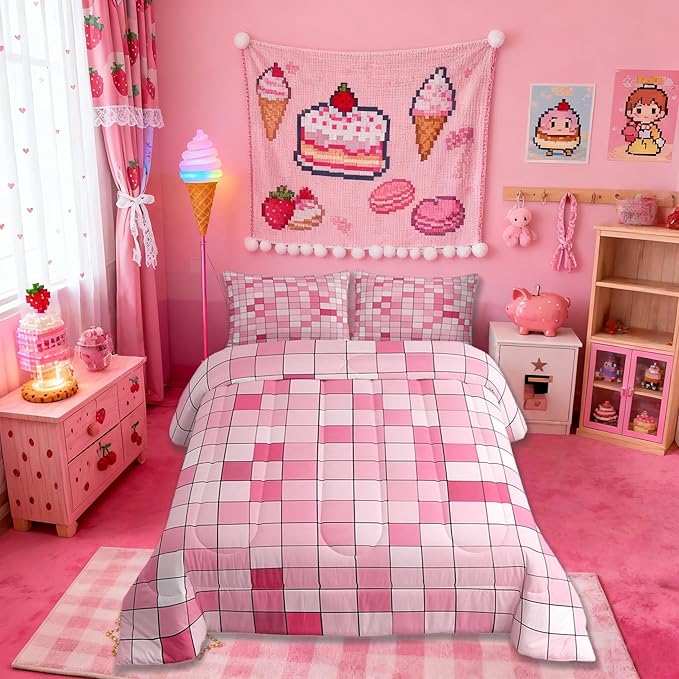 Pixelated Blocks Miners Comforter Set King Size,Video Games Game Gamepad Kids Bedding Set,Geometric Grid Patchwork Quilt Comforter,Pink Duvet Insert,2 Pillowcases