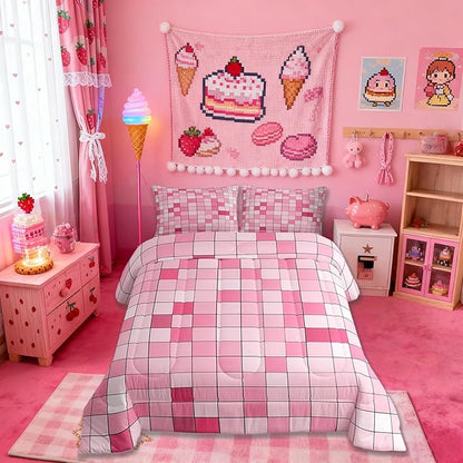 Pixelated Blocks Miners Comforter Set King Size,Video Games Game Gamepad Kids Bedding Set,Geometric Grid Patchwork Quilt Comforter,Pink Duvet Insert,2 Pillowcases
