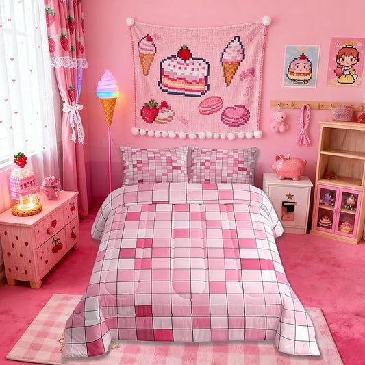 Pixelated Blocks Miners Comforter Set King Size,Video Games Game Gamepad Kids Bedding Set,Geometric Grid Patchwork Quilt Comforter,Pink Duvet Insert,2 Pillowcases