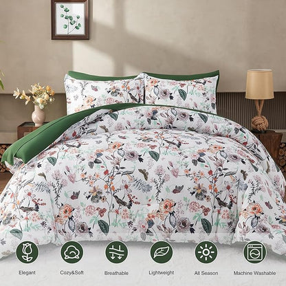 7 Piece King Comforter Set, Green Butterfly Floral Comforter Set with Flowers Leaves Pattern, Soft Microfiber Complete Bedding Set for All Season(Dark Green, King)