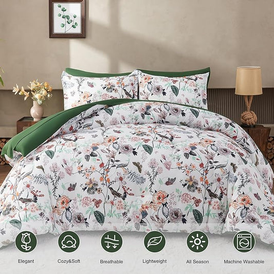 7 Piece King Comforter Set, Green Butterfly Floral Comforter Set with Flowers Leaves Pattern, Soft Microfiber Complete Bedding Set for All Season(Dark Green, King)
