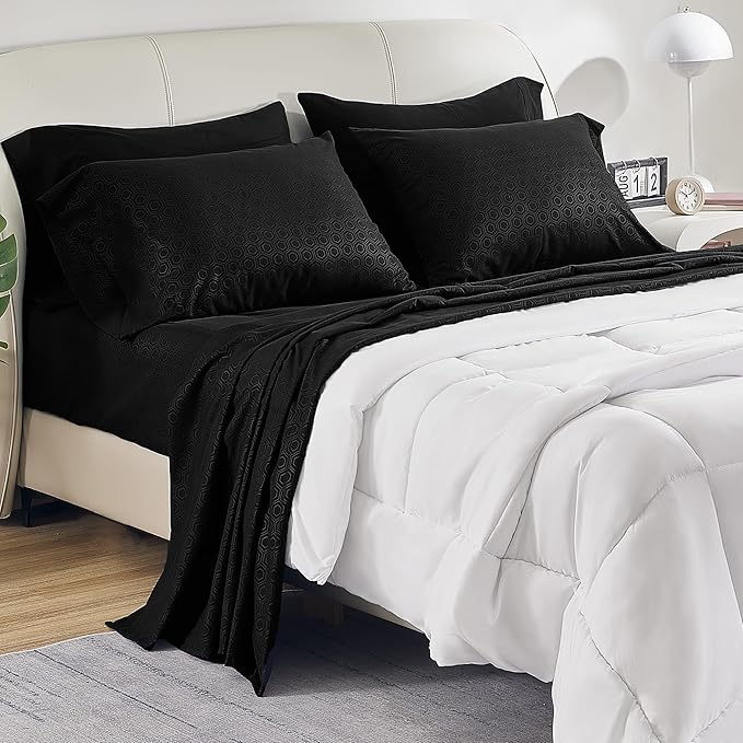 SLEEP ZONE Luxury Embossed Sheets Set Full Size, Black Honeycomb Pattern Sheet & Pillowcase Sets 4 Piece - Super Soft, Wrinkle Free, Fade Resistant, Deep Pocket 16" (Black, Full)