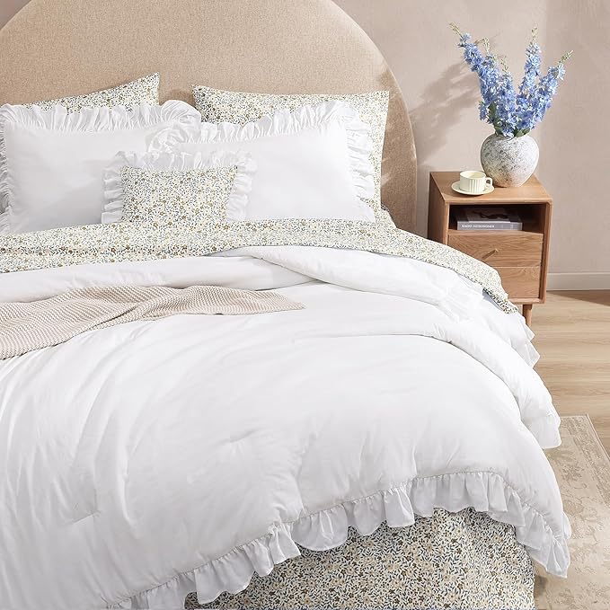 Full Comforter Set - 7 Pieces Ruffle White Bedding Sets, Shabby Chic Farmhouse Bed in a Bag Full with Ruffle Comforter, Floral Sheets, Pillowcases & Shams
