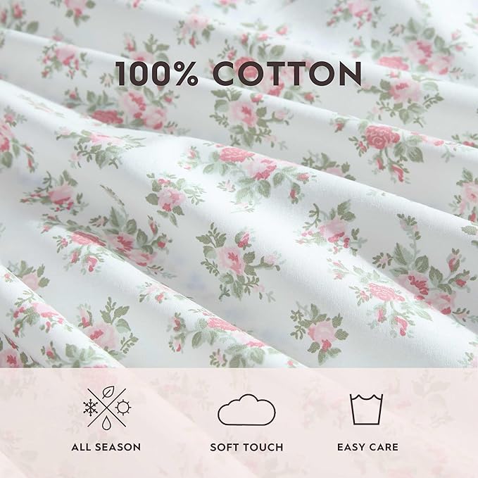 Laura Ashley - Sheets, Cotton Percale Bedding with Matching Pillowcase, Crisp & Breathable, Deep Pocket, Fully Elasticized (Leanna Rose Pink, Twin XL)