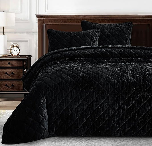Chezmoi Collection Lux Black Velvet Quilt Queen Set, 3-Piece Lush Plush Distressed Velvet Bedding All Season Lightweight Comforter Brushed Microfiber Reverse with Diamond Stitch Quilting