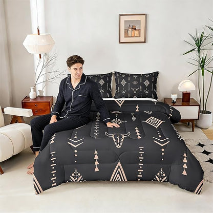 Erosebridal Bull Skull Comforter Set Full Boho Bedding Ethnic Horns Bedding Comforter Sets Black Brown Tribal Symbol Mysterious Aztec Room Decor Abstract Geometric Duvet Insert for Men Boys