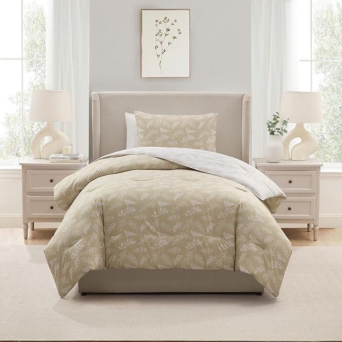 Nestl Twin/Twin XL Comforter Set - Oatmeal Bed in a Bag Twin, 2 Pieces Reversible Bed Set, Soft Floral Bedding Set for College Dorm, All Season Botanical Comforters with Pillow Sham