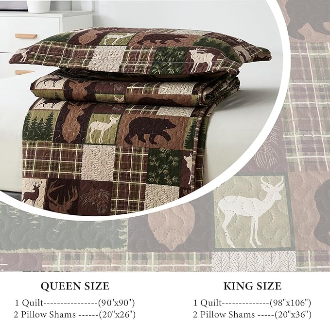 Ycosy Lodge Plaid Quilt Set Moose Bear Bedding King Size Rustic Bedspread Cabin Coverlet Wildlife Forest Quilts Comforter Summer Lightweight Bed Cover with 2 Pillow Shams
