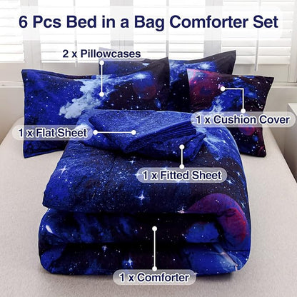 A Nice Night Galaxy 6Pcs Bedding Sets Outer Space Comforter Bed in a Bag 3D Printed Quilt,for Children Boy Girl Teen Kids,Twin 6Pcs