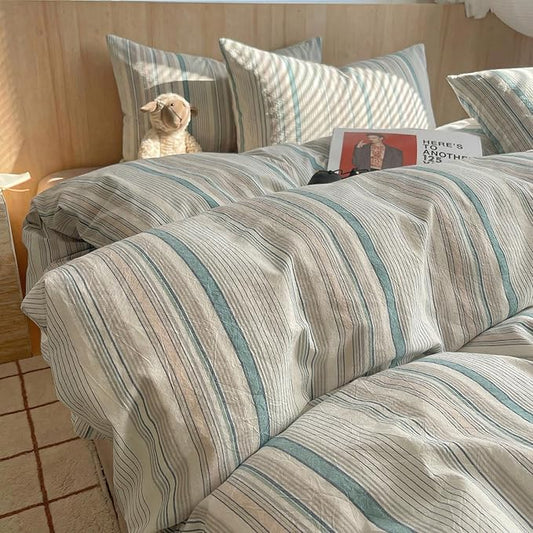 HighBuy Boho Stripe Comforter Set King Size, Grey Green Stripe Bedding Comforter with 2 Pillowcases,Fluffy Soft Washed Cotton King Bed Comforter Set for Women Men,All Season,Breathable