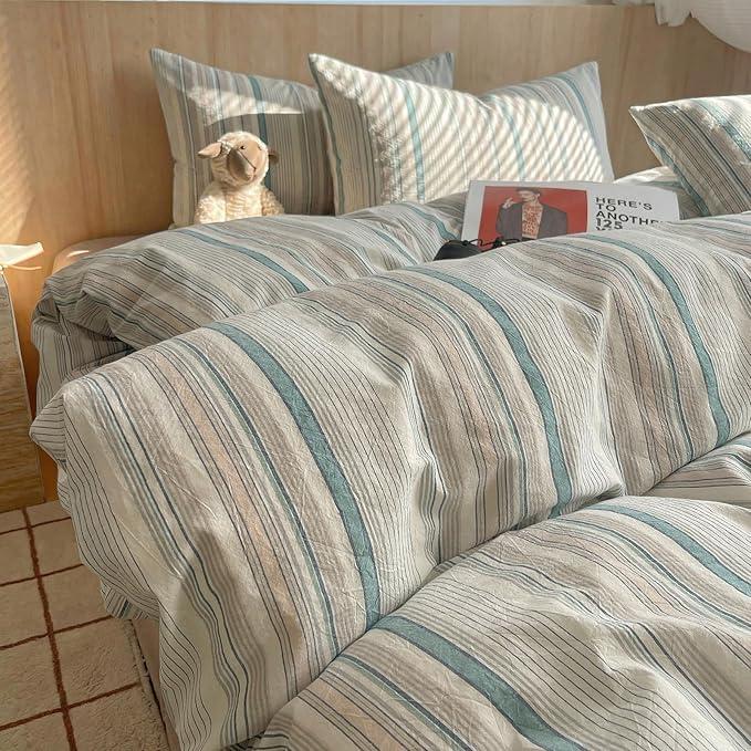 HighBuy Vintage Striped Comforter Set Queen Size - 3 Piece Blue Grey Stripes Pattern Bedding Set Fluffy Soft 100% Washed Cotton Comforter with 2 Pillowcases,Breathable,Striped Comforter Sets