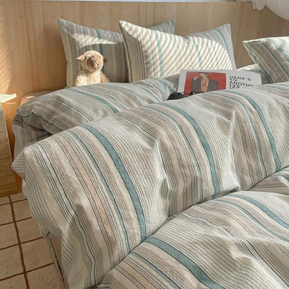 HighBuy Vintage Striped Comforter Set Queen Size - 3 Piece Blue Grey Stripes Pattern Bedding Set Fluffy Soft 100% Washed Cotton Comforter with 2 Pillowcases,Breathable,Striped Comforter Sets