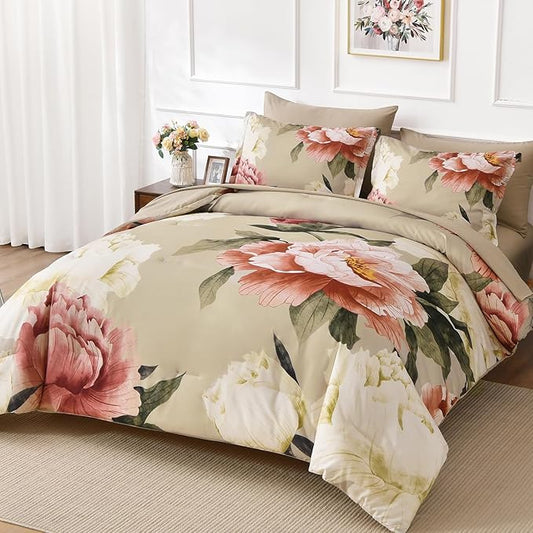 Dobuyly King Size Comforter Set 7 Piece Bed in a Bag, Pink Floral Printed on Khaki Comforter Set with Sheets, Soft Microfiber Botanical Farmhouse Bedding Set for All Season