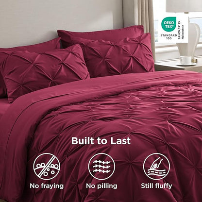 Bedsure Twin Comforter Set Dark Red - Bed in a Bag Twin Size Bedding 5 Pieces, GentleSoft™ Pintuck Bed Set Gift for Family, Pinch Pleat Dark Red Comforter with Sheets, Pillowcase & Sham