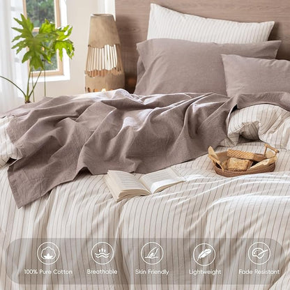 MooMee Bedding Sheet Set 100% Washed Cotton Linen Like Textured Breathable Durable Soft Comfy (Heathered Mauve Brown, Queen)