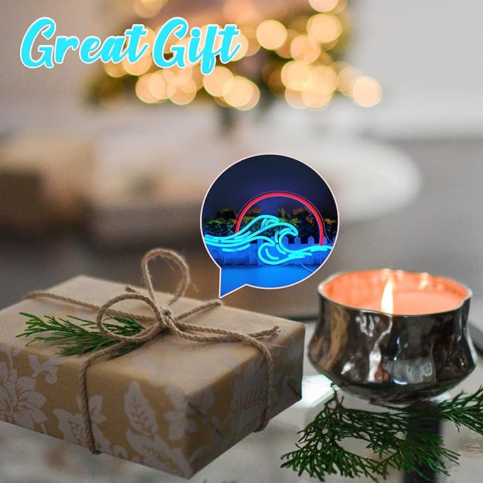 Dleouly Sunset Neon Sign for Wall Decor, Wave Sign LED Light Sign for Bedroom Wall, Dimmable Neon Lights Signs for Man Cave Bedroom, Living Room, Party, Bar, USB Powered (8.8 * 16in)