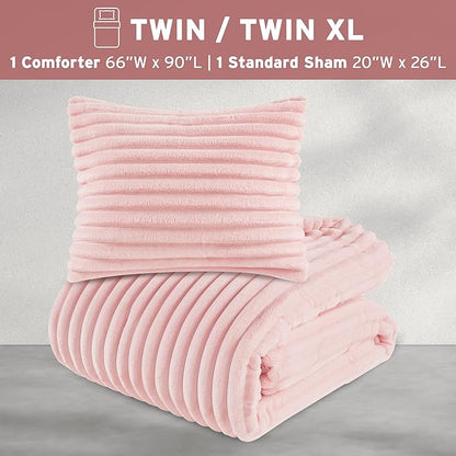 Intelligent Design Twin Comforter Set, Cozy Plush Bedding, Microfiber Reverse, 2 Piece, Lightweight, Super Soft Ribbed Velvet Comforter 1 Sham, All Season Fluffy Bed Set, Avril, Twin/Twin XL Pink
