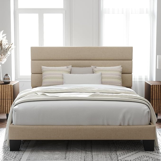 Allewie Queen Size Platform Bed Frame with Fabric Upholstered Headboard | Wooden Slats Support, Fully Upholstered Mattress Foundation, No Box Spring Needed, Easy Assembly, Noise-Free, Beige