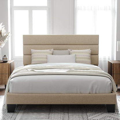 Allewie Queen Size Platform Bed Frame with Fabric Upholstered Headboard | Wooden Slats Support, Fully Upholstered Mattress Foundation, No Box Spring Needed, Easy Assembly, Noise-Free, Beige