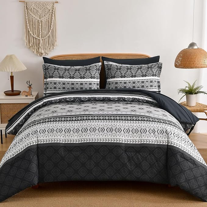 Boho Comforter Set Queen Size,7 Pieces Bohemian Comforter Bedding Set Bed in a Bag,Dark Grey Paisley Floral Comfortet and Sheet Set,Soft Gray Striped Bedding Sets for All Season