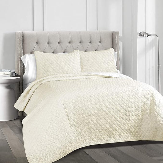 Lush Decor Ava Quilt Diamond Pattern Solid 3 Piece Oversized Bedding Blanket Bedspread Set - King - Ivory