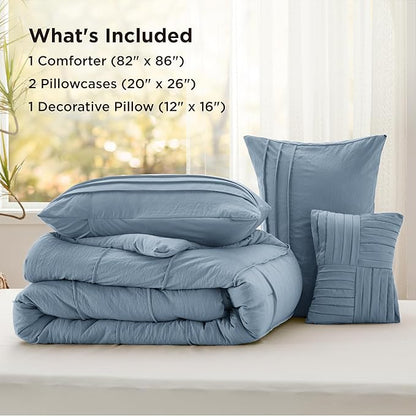 Bedsure Full Comforter Set - 4 Pieces Pinch Pleat Bed Set, Light Blue Boho Bedding for All Season, 1 Soft Comforter, 2 Pillowcases, 1 Decorative Pillow